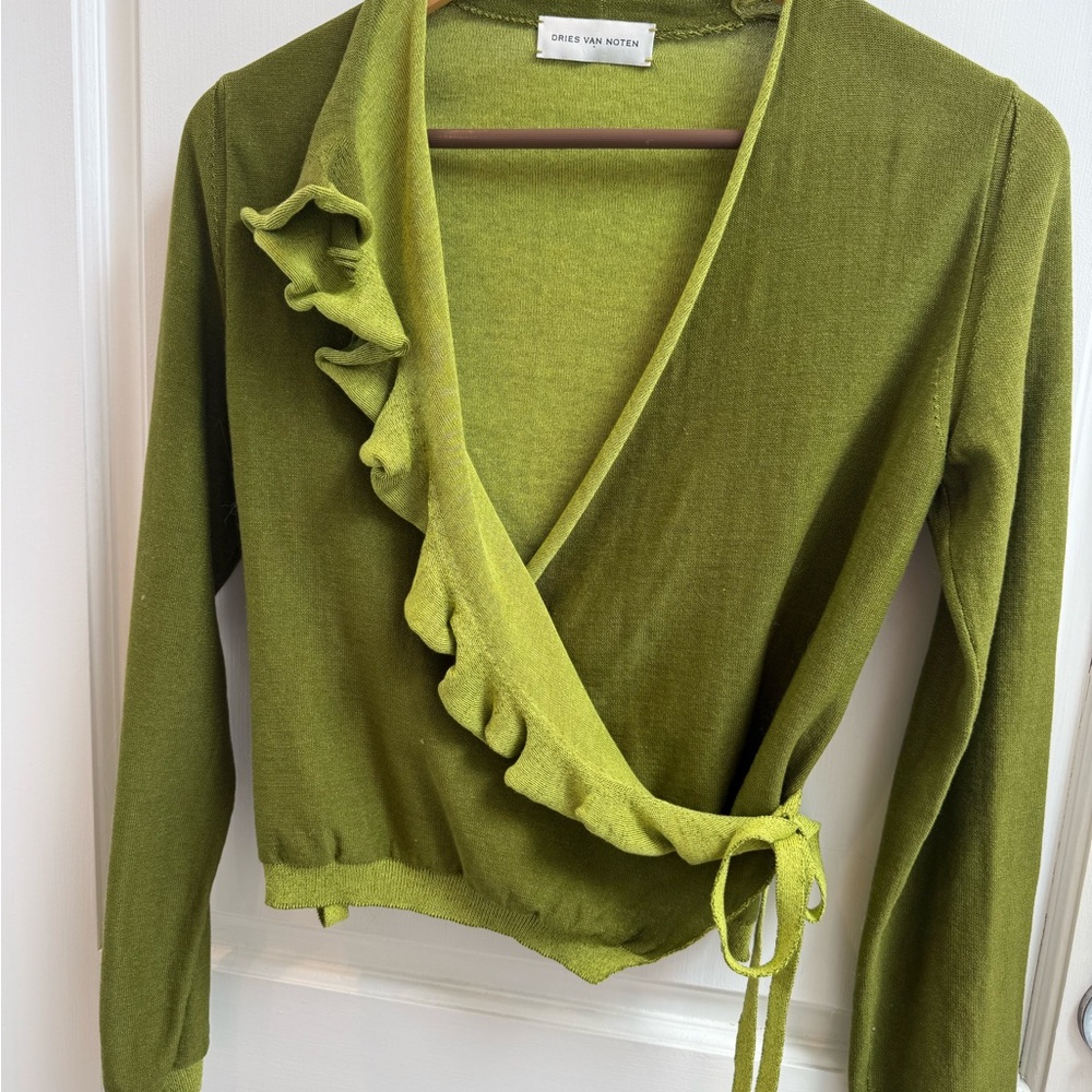 Dries Van Noten Moss Green Knit Top with Tie Detail